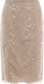 Arabella Lace Skirt, Neutral - pattern: plain; style: pencil; fit: tailored/fitted; waist: high rise; hip detail: fitted at hip; predominant colour: stone; occasions: evening, occasion; length: just above the knee; fibres: nylon - 100%; waist detail: narrow waistband; texture group: lace; pattern type: fabric; pattern size: standard; embellishment: beading