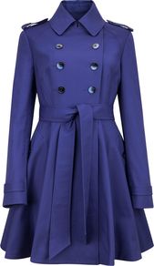 Women's Moriah Double Breasted Coat, Purple - pattern: plain; shoulder detail: obvious epaulette; style: princess; fit: slim fit; hip detail: flared at hip; length: mid thigh; predominant colour: navy; occasions: casual, evening, work; fibres: cotton - stretch; collar: shirt collar/peter pan/zip with opening; waist detail: belted waist/tie at waist/drawstring; sleeve length: long sleeve; sleeve style: standard; texture group: technical outdoor fabrics; collar break: high; pattern type: fabric