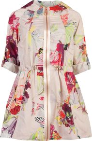 Women's Garnia Treasured Orchid Print Parka, Pink - hip detail: side pockets at hip; collar: round collar/collarless; style: single breasted; length: mid thigh; predominant colour: blush; secondary colour: true red; occasions: casual, occasion; fit: straight cut (boxy); fibres: polyester/polyamide - mix; waist detail: fitted waist; sleeve length: short sleeve; sleeve style: standard; texture group: silky - light; collar break: high; pattern type: fabric; pattern size: big & busy; pattern: florals