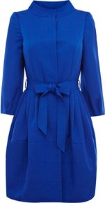 Women's Kya Coat, Cobalt - pattern: plain; collar: mandarin; style: single breasted; fit: slim fit; length: mid thigh; predominant colour: royal blue; occasions: casual, evening, work, occasion; fibres: cotton - mix; sleeve length: 3/4 length; sleeve style: standard; texture group: cotton feel fabrics; trends: volume; collar break: high/illusion of break when open; pattern type: fabric; pattern size: standard
