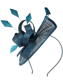 Sinamay Mini Saucer, Teal - predominant colour: teal; occasions: evening, occasion; type of pattern: standard; style: fascinator; size: standard; material: sinamay; embellishment: feather, corsage; pattern: plain; trends: sculptural frills