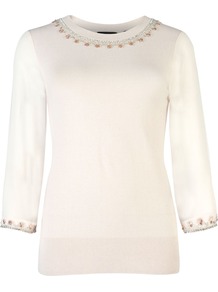 Women's Mundia Embellished Jumper, Pink - pattern: plain; bust detail: added detail/embellishment at bust; style: standard; hip detail: fitted at hip; predominant colour: blush; occasions: casual, evening, work; length: standard; fibres: silk - mix; fit: standard fit; neckline: crew; sleeve length: 3/4 length; sleeve style: standard; texture group: knits/crochet; pattern type: knitted - fine stitch; pattern size: small & light; embellishment: beading