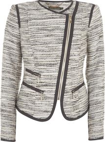 Women's Boucle Jacket, Multi Coloured - pattern: plain, striped, herringbone/tweed, patterned/print; style: biker; hip detail: front pockets at hip; collar: high neck; fit: slim fit; predominant colour: black; occasions: casual, evening, work; length: standard; fibres: wool - mix; waist detail: fitted waist; sleeve length: long sleeve; sleeve style: standard; collar break: high/illusion of break when open; pattern type: fabric; pattern size: standard; texture group: other - light to midweight