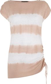 Women's Tie Dye Tunic, Multi Coloured - neckline: slash/boat neckline; sleeve style: capped; length: below the bottom; style: tunic; pattern: tie dye; secondary colour: white; predominant colour: nude; occasions: casual, evening, work, holiday; fibres: linen - 100%; fit: body skimming; sleeve length: short sleeve; texture group: linen; trends: striking stripes; hip detail: ruffles/tiers/tie detail at hip; pattern type: fabric; pattern size: standard