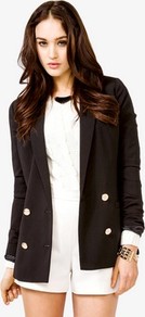 Crested Button Blazer - pattern: plain; style: double breasted blazer; length: below the bottom; collar: standard lapel/rever collar; predominant colour: black; occasions: casual, evening, work; fit: tailored/fitted; fibres: polyester/polyamide - 100%; waist detail: fitted waist; back detail: back vent/flap at back; sleeve length: long sleeve; sleeve style: standard; collar break: low/open; pattern type: fabric; pattern size: standard; texture group: other - light to midweight