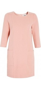 Rose Textured Jersey Shift Dress - style: shift; length: mid thigh; neckline: round neck; pattern: plain; hip detail: side pockets at hip; predominant colour: blush; occasions: casual, evening, work, occasion; fit: body skimming; fibres: cotton - mix; sleeve length: 3/4 length; sleeve style: standard; trends: glamorous day shifts; pattern type: fabric; pattern size: standard; texture group: other - light to midweight