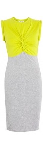 Chartreuse Twist Top Jersey Dress - style: shift; fit: tight; pattern: plain, colourblock; sleeve style: sleeveless; waist detail: fitted waist, twist front waist detail/nipped in at waist on one side/soft pleats/draping/ruching/gathering waist detail; hip detail: fitted at hip, contrast fabric/print detail at hip; shoulder detail: contrast pattern/fabric at shoulder; back detail: contrast pattern/fabric at back; bust detail: ruching/gathering/draping/layers/pintuck pleats at bust, knot twist front detail at bust, contrast pattern/fabric/detail at bust; predominant colour: light grey; occasions: casual, evening, work; length: just above the knee; fibres: cotton - mix; neckline: crew; sleeve length: sleeveless; texture group: jersey - clingy; trends: glamorous day shifts, fluorescent; pattern type: fabric; pattern size: big & light