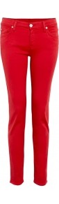 Tango Red Mid Rise The Skinny Jeans - style: skinny leg; pattern: plain; waist: low rise; pocket detail: traditional 5 pocket; predominant colour: true red; occasions: casual; length: ankle length; fibres: cotton - stretch; texture group: denim; pattern type: fabric; pattern size: standard