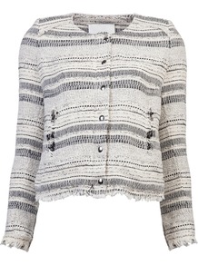 Lizzie Jacket - pattern: horizontal stripes, herringbone/tweed; collar: round collar/collarless; style: boxy; predominant colour: ivory; occasions: casual, evening, work; length: standard; fit: straight cut (boxy); fibres: cotton - mix; sleeve length: long sleeve; sleeve style: standard; collar break: high; pattern type: fabric; pattern size: big & light; texture group: woven light midweight