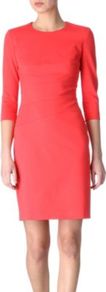 Bodycon Jersey Dress - style: shift; pattern: plain; hip detail: fitted at hip; predominant colour: coral; occasions: casual, evening, work, occasion; length: just above the knee; fit: body skimming; fibres: cotton - mix; neckline: crew; sleeve length: 3/4 length; sleeve style: standard; texture group: jersey - clingy; trends: glamorous day shifts; pattern type: fabric; pattern size: standard