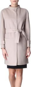 Belted Coat - pattern: plain; style: single breasted; hip detail: front pockets at hip; collar: high neck; fit: slim fit; length: mid thigh; predominant colour: stone; occasions: casual, evening, work, occasion; fibres: wool - mix; waist detail: belted waist/tie at waist/drawstring; sleeve length: long sleeve; sleeve style: standard; collar break: high; pattern type: knitted - big stitch; pattern size: standard; texture group: other - bulky/heavy