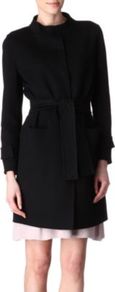 Belted Coat - pattern: plain; style: single breasted; hip detail: front pockets at hip; collar: high neck; fit: slim fit; length: mid thigh; predominant colour: black; occasions: casual, evening, work, occasion; fibres: wool - mix; waist detail: fitted waist, belted waist/tie at waist/drawstring; sleeve length: long sleeve; sleeve style: standard; collar break: high; pattern type: fabric; pattern size: standard; texture group: other - bulky/heavy