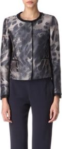 Camilla Leopard Print Jacket - collar: round collar/collarless; hip detail: front pockets at hip, contrast fabric/print detail at hip; style: boxy; predominant colour: mid grey; occasions: casual, evening, work, occasion; length: standard; fit: straight cut (boxy); fibres: cotton - mix; sleeve length: long sleeve; sleeve style: standard; texture group: structured shiny - satin/tafetta/silk etc.; trends: statement prints; collar break: high; pattern type: fabric; pattern size: standard; pattern: animal print, patterned/print
