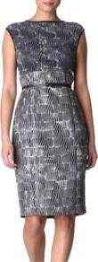 Flipper Dress - style: shift; fit: tailored/fitted; sleeve style: sleeveless; neckline: high neck; waist detail: fitted waist, belted waist/tie at waist/drawstring; hip detail: fitted at hip, sculpting darts/pleats/seams at hip; shoulder detail: contrast pattern/fabric at shoulder; predominant colour: navy; occasions: casual, evening, work, occasion; length: on the knee; fibres: silk - mix; sleeve length: sleeveless; trends: statement prints, glamorous day shifts, modern geometrics; pattern type: fabric; pattern size: standard; pattern: patterned/print; texture group: jersey - stretchy/drapey