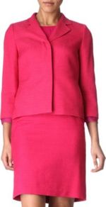 Orche Tweed Blazer - pattern: plain, herringbone/tweed; style: single breasted blazer; hip detail: side pockets at hip; collar: standard lapel/rever collar; predominant colour: hot pink; occasions: casual, evening, work, occasion; length: standard; fit: straight cut (boxy); fibres: cotton - mix; waist detail: fitted waist; sleeve length: 3/4 length; sleeve style: standard; trends: fluorescent; collar break: medium; pattern type: fabric; pattern size: standard; texture group: tweed - light/midweight