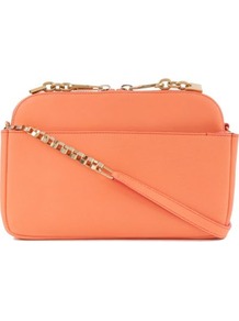 Lucy Small Shoulder Bag - predominant colour: coral; occasions: casual, evening, work, occasion; style: shoulder; length: across body/long; size: small; material: leather; embellishment: tassels, zips, chain/metal; pattern: plain; trends: fluorescent; finish: plain