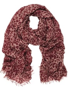 Scribbly Leopard Modal Scarf - predominant colour: burgundy; occasions: casual, work; type of pattern: standard; style: regular; size: standard; material: fabric; embellishment: fringing; pattern: animal print; trends: statement prints