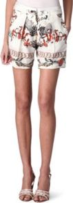Thaissa Silk Shorts - style: shorts; waist detail: fitted waist, embellishment at waist/feature waistband, narrow waistband; pocket detail: large back pockets, pockets at the sides; length: mid thigh shorts; waist: mid/regular rise; predominant colour: white; occasions: casual, evening, work, holiday; fibres: silk - 100%; hip detail: front pleats at hip level, fitted at hip (bottoms); texture group: silky - light; trends: statement prints; fit: slim leg; pattern type: fabric; pattern size: big & busy; pattern: patterned/print