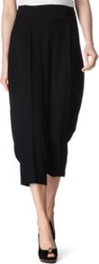 Cropped Trousers - pattern: plain; waist detail: fitted waist, wide waistband/cummerbund; pocket detail: small back pockets, pockets at the sides; waist: high rise; length: below the knee; predominant colour: black; occasions: evening, work; fibres: polyester/polyamide - 100%; hip detail: front pleats at hip level, side pleats at hip; texture group: crepes; fit: wide leg; pattern type: fabric; pattern size: standard; style: standard