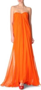 Silk Chiffon Bustier Gown - style: ballgown; fit: loose; pattern: plain; sleeve style: strapless; neckline: sweetheart; bust detail: ruching/gathering/draping/layers/pintuck pleats at bust, tiers/frills/bulky drapes/pleats; predominant colour: bright orange; occasions: evening, occasion; length: floor length; fibres: silk - 100%; hip detail: soft pleats at hip/draping at hip/flared at hip; sleeve length: sleeveless; texture group: sheer fabrics/chiffon/organza etc.; trends: volume; pattern type: fabric