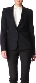 One Button Blazer - pattern: plain; style: single breasted blazer; shoulder detail: shoulder pads; hip detail: front pockets at hip; collar: standard lapel/rever collar; predominant colour: black; occasions: casual, evening, work; length: standard; fit: tailored/fitted; fibres: wool - stretch; waist detail: fitted waist; back detail: back vent/flap at back; sleeve length: long sleeve; sleeve style: standard; trends: tuxedo; collar break: low/open; pattern type: fabric; texture group: other - light to midweight