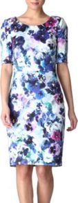 Floral Dress - style: shift; neckline: round neck; fit: tailored/fitted; waist detail: fitted waist; hip detail: fitted at hip, sculpting darts/pleats/seams at hip; occasions: evening, work, occasion; length: just above the knee; fibres: cotton - stretch; shoulder detail: flat/draping pleats/ruching/gathering at shoulder; predominant colour: multicoloured; sleeve length: half sleeve; sleeve style: standard; texture group: cotton feel fabrics; trends: high impact florals; pattern type: fabric; pattern size: big & busy; pattern: florals, patterned/print