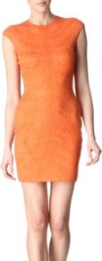 Knitted Dress - style: jumper dress; length: mid thigh; sleeve style: capped; fit: tight; waist detail: fitted waist; hip detail: fitted at hip; predominant colour: bright orange; occasions: evening, work, occasion, holiday; fibres: silk - mix; neckline: crew; sleeve length: short sleeve; texture group: knits/crochet; trends: fluorescent; pattern type: knitted - fine stitch; pattern size: big & light