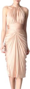 Ruched Dress - style: shift; length: below the knee; pattern: plain; sleeve style: sleeveless; neckline: halter neck; back detail: low cut/open back; waist detail: twist front waist detail/nipped in at waist on one side/soft pleats/draping/ruching/gathering waist detail; bust detail: ruching/gathering/draping/layers/pintuck pleats at bust; predominant colour: nude; occasions: evening, occasion; fit: body skimming; fibres: viscose/rayon - stretch; hip detail: ruching/gathering at hip; sleeve length: sleeveless; pattern type: fabric; texture group: jersey - stretchy/drapey