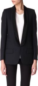 Triple Lapel Blazer - pattern: plain; style: single breasted blazer; collar: shawl/waterfall; length: below the bottom; predominant colour: black; occasions: evening, work, occasion; fit: tailored/fitted; fibres: wool - 100%; sleeve length: long sleeve; sleeve style: standard; texture group: cotton feel fabrics; trends: tuxedo; collar break: low/open; pattern type: fabric; pattern size: standard