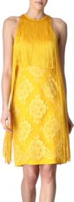 Fringed Floral Dress - style: shift; pattern: plain; sleeve style: sleeveless; bust detail: added detail/embellishment at bust; waist detail: fitted waist; back detail: low cut/open back; predominant colour: yellow; occasions: evening, occasion; length: just above the knee; fit: body skimming; fibres: polyester/polyamide - 100%; neckline: crew; hip detail: contrast fabric/print detail at hip; sleeve length: sleeveless; texture group: silky - light; pattern type: fabric; pattern size: big & light; embellishment: fringing