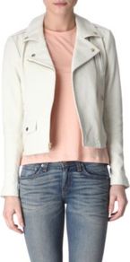 Leather Biker Jacket - pattern: plain; style: biker; collar: standard biker; fit: slim fit; predominant colour: white; occasions: casual; length: standard; fibres: leather - 100%; sleeve length: long sleeve; sleeve style: standard; texture group: leather; collar break: high/illusion of break when open; pattern type: fabric
