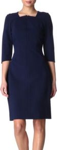 Amira Zip Front Dress - style: shift; neckline: high square neck; fit: tailored/fitted; pattern: plain; waist detail: fitted waist; predominant colour: navy; occasions: casual, evening, work, occasion; length: just above the knee; fibres: nylon - mix; sleeve length: 3/4 length; sleeve style: standard; texture group: crepes; trends: glamorous day shifts; pattern type: fabric
