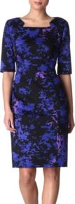 Evette Dress - style: shift; fit: tailored/fitted; secondary colour: royal blue; predominant colour: black; occasions: evening, work, occasion; length: just above the knee; fibres: cotton - stretch; sleeve length: half sleeve; sleeve style: standard; texture group: cotton feel fabrics; trends: glamorous day shifts; neckline: medium square neck; pattern type: fabric; pattern size: big & busy; pattern: florals