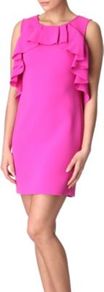 Pandora Dress - style: shift; length: mid thigh; neckline: round neck; pattern: plain; sleeve style: sleeveless; back detail: contrast pattern/fabric at back; bust detail: ruching/gathering/draping/layers/pintuck pleats at bust, tiers/frills/bulky drapes/pleats; predominant colour: hot pink; occasions: evening, occasion; fit: straight cut; fibres: polyester/polyamide - mix; sleeve length: sleeveless; texture group: crepes; trends: fluorescent, sculptural frills; pattern type: fabric