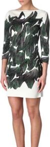 Ruri Printed Dress - style: shift; length: mini; neckline: slash/boat neckline; fit: tailored/fitted; waist detail: fitted waist; predominant colour: dark green; occasions: casual, evening, work, occasion; fibres: silk - 100%; sleeve length: 3/4 length; sleeve style: standard; texture group: crepes; trends: statement prints, glamorous day shifts; pattern type: fabric; pattern size: big & busy; pattern: patterned/print