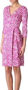 New Julian Two Wrap Dress - style: faux wrap/wrap; neckline: v-neck; waist detail: fitted waist, twist front waist detail/nipped in at waist on one side/soft pleats/draping/ruching/gathering waist detail, belted waist/tie at waist/drawstring; bust detail: ruching/gathering/draping/layers/pintuck pleats at bust; predominant colour: hot pink; occasions: evening, work, occasion; length: just above the knee; fit: body skimming; fibres: silk - 100%; hip detail: soft pleats at hip/draping at hip/flared at hip; shoulder detail: flat/draping pleats/ruching/gathering at shoulder; sleeve length: 3/4 length; sleeve style: standard; texture group: silky - light; trends: statement prints; pattern type: fabric; pattern size: small & busy; pattern: patterned/print
