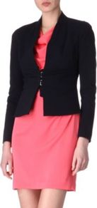Yadira Cropped Jacket - pattern: plain; style: single breasted blazer; collar: standard lapel/rever collar; predominant colour: black; occasions: evening, work, occasion; length: standard; fit: tailored/fitted; fibres: viscose/rayon - stretch; sleeve length: long sleeve; sleeve style: standard; texture group: crepes; collar break: low/open; pattern type: fabric