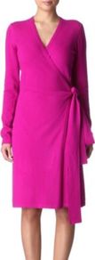 Linda Knitted Wrap Dress - style: faux wrap/wrap; neckline: v-neck; pattern: plain; waist detail: fitted waist, belted waist/tie at waist/drawstring; predominant colour: hot pink; occasions: casual, evening, work, holiday; length: just above the knee; fit: body skimming; fibres: wool - mix; hip detail: soft pleats at hip/draping at hip/flared at hip; sleeve length: long sleeve; sleeve style: standard; texture group: knits/crochet; trends: glamorous day shifts; pattern type: knitted - fine stitch
