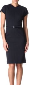 Maizah Shift Dress - style: shift; neckline: v-neck; sleeve style: capped; fit: tailored/fitted; pattern: plain; waist detail: fitted waist, belted waist/tie at waist/drawstring; hip detail: fitted at hip; predominant colour: black; occasions: evening, work, occasion; length: just above the knee; fibres: viscose/rayon - 100%; sleeve length: short sleeve; trends: glamorous day shifts; pattern type: fabric; texture group: other - light to midweight