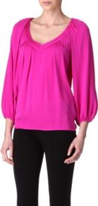 Cahil Top - neckline: low v-neck; pattern: plain; sleeve style: balloon; hip detail: fitted at hip; shoulder detail: contrast pattern/fabric at shoulder, flat/draping pleats/ruching/gathering at shoulder; bust detail: ruching/gathering/draping/layers/pintuck pleats at bust, tiers/frills/bulky drapes/pleats; predominant colour: hot pink; occasions: casual, evening, work; length: standard; style: top; fibres: silk - mix; fit: straight cut; sleeve length: 3/4 length; texture group: silky - light; trends: fluorescent; pattern type: fabric; pattern size: standard