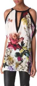 Armoise Top - sleeve style: open slash; bust detail: added detail/embellishment at bust, ruching/gathering/draping/layers/pintuck pleats at bust, contrast pattern/fabric/detail at bust; length: below the bottom; style: tunic; shoulder detail: contrast pattern/fabric at shoulder, cut out shoulder; occasions: casual, evening, occasion, holiday; neckline: peep hole neckline; fibres: silk - 100%; fit: loose; predominant colour: multicoloured; sleeve length: short sleeve; texture group: silky - light; trends: high impact florals; pattern type: fabric; pattern size: big & busy; pattern: florals, patterned/print