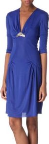 Embellished Front Dress - style: shift; neckline: low v-neck; pattern: plain; bust detail: added detail/embellishment at bust, ruching/gathering/draping/layers/pintuck pleats at bust; waist detail: fitted waist; hip detail: fitted at hip, soft pleats at hip/draping at hip/flared at hip; predominant colour: royal blue; occasions: evening, occasion; length: just above the knee; fit: body skimming; fibres: polyester/polyamide - 100%; sleeve length: 3/4 length; sleeve style: standard; pattern type: fabric; texture group: jersey - stretchy/drapey