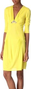 Embellished Jersey Dress - style: shift; neckline: low v-neck; bust detail: added detail/embellishment at bust, ruching/gathering/draping/layers/pintuck pleats at bust; waist detail: fitted waist; predominant colour: yellow; occasions: casual, evening, holiday; length: just above the knee; fit: body skimming; fibres: polyester/polyamide - stretch; hip detail: soft pleats at hip/draping at hip/flared at hip; sleeve length: 3/4 length; sleeve style: standard; trends: fluorescent; pattern type: fabric; texture group: jersey - stretchy/drapey; embellishment: beading