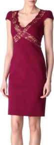 Panelled Lace Dress - style: shift; neckline: low v-neck; sleeve style: capped; pattern: plain; bust detail: added detail/embellishment at bust, contrast pattern/fabric/detail at bust; waist detail: fitted waist; predominant colour: burgundy; occasions: evening, work, occasion; length: just above the knee; fit: body skimming; fibres: polyester/polyamide - stretch; sleeve length: short sleeve; texture group: lace; trends: glamorous day shifts; pattern type: fabric; pattern size: standard
