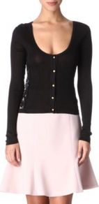 Lace Side Cardigan - neckline: round neck; bust detail: buttons at bust (in middle at breastbone)/zip detail at bust; predominant colour: black; occasions: casual, evening, work; length: standard; style: standard; fibres: silk - 100%; fit: slim fit; waist detail: fitted waist; sleeve length: long sleeve; sleeve style: standard; texture group: knits/crochet; pattern type: knitted - fine stitch; pattern size: small & light; embellishment: embroidered