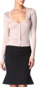 Lace Side Cardigan - neckline: round neck; shoulder detail: contrast pattern/fabric at shoulder; bust detail: buttons at bust (in middle at breastbone)/zip detail at bust; predominant colour: blush; occasions: casual, evening, work; length: standard; style: standard; fibres: silk - 100%; fit: slim fit; sleeve length: long sleeve; sleeve style: standard; texture group: knits/crochet; pattern type: knitted - fine stitch; pattern size: small & light; embellishment: embroidered