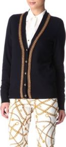 Chain Cardigan - neckline: low v-neck; predominant colour: navy; occasions: casual, work; length: standard; style: standard; fibres: cotton - mix; fit: standard fit; sleeve length: long sleeve; sleeve style: standard; texture group: knits/crochet; pattern type: knitted - other; pattern size: small & light