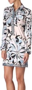 Azalee Tunic Dress - style: tunic; length: mid thigh; bust detail: buttons at bust (in middle at breastbone)/zip detail at bust; predominant colour: pale blue; occasions: casual, evening, work; fit: body skimming; fibres: polyester/polyamide - 100%; neckline: no opening/shirt collar/peter pan; sleeve length: long sleeve; sleeve style: standard; trends: statement prints, glamorous day shifts; pattern type: fabric; pattern size: big & busy; pattern: florals, patterned/print; texture group: jersey - stretchy/drapey