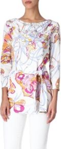 Marilyn Butterfly Tunic - neckline: round neck; length: below the bottom; style: tunic; waist detail: belted waist/tie at waist/drawstring; bust detail: ruching/gathering/draping/layers/pintuck pleats at bust; predominant colour: hot pink; occasions: casual, evening, work, occasion, holiday; fibres: polyester/polyamide - 100%; fit: body skimming; hip detail: soft pleats at hip/draping at hip/flared at hip; shoulder detail: flat/draping pleats/ruching/gathering at shoulder; sleeve length: 3/4 length; sleeve style: standard; texture group: silky - light; trends: statement prints; pattern type: fabric; pattern size: standard; pattern: patterned/print