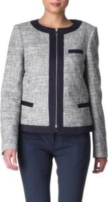 Koralie Jacket - pattern: plain, herringbone/tweed, colourblock; collar: round collar/collarless; style: boxy; predominant colour: navy; occasions: casual, evening, work; length: standard; fit: straight cut (boxy); fibres: cotton - mix; sleeve length: long sleeve; sleeve style: standard; collar break: high; pattern type: fabric; pattern size: small & light; texture group: tweed - light/midweight